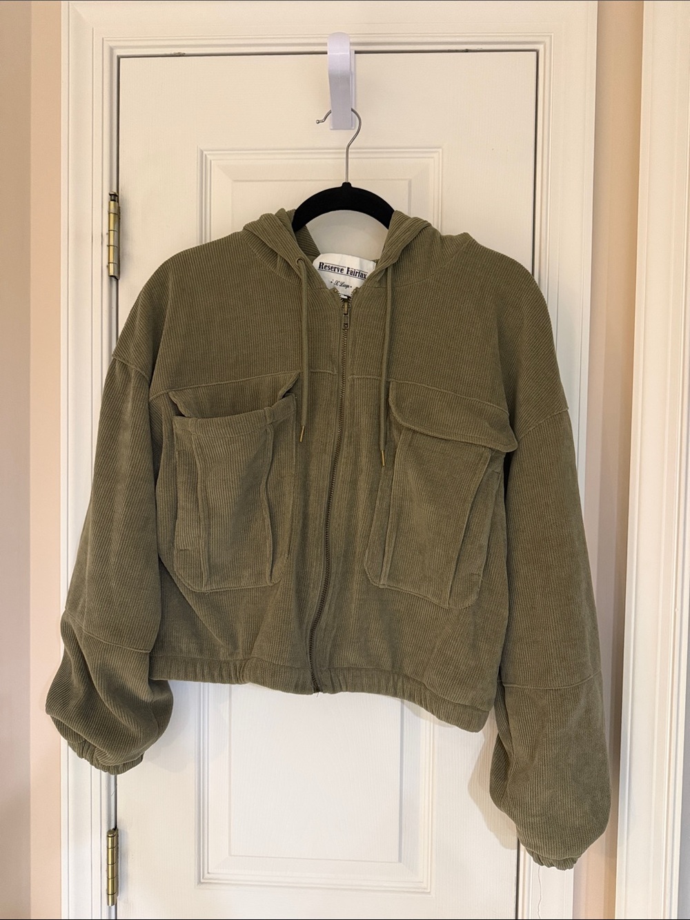 Women’s Cropped Olive Green Corduroy Hooded Bomber Jacket, Size XL